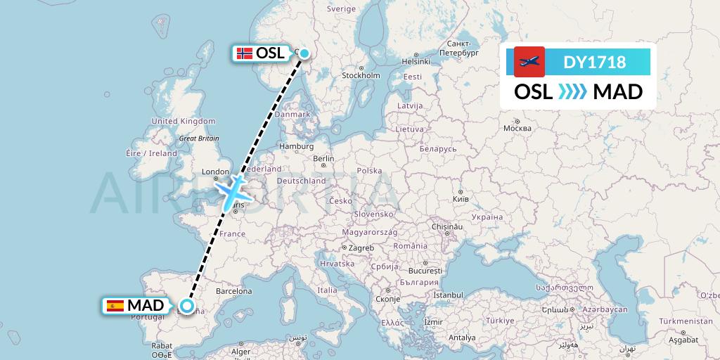 DY1718 Norwegian Flight Map: Oslo to Madrid
