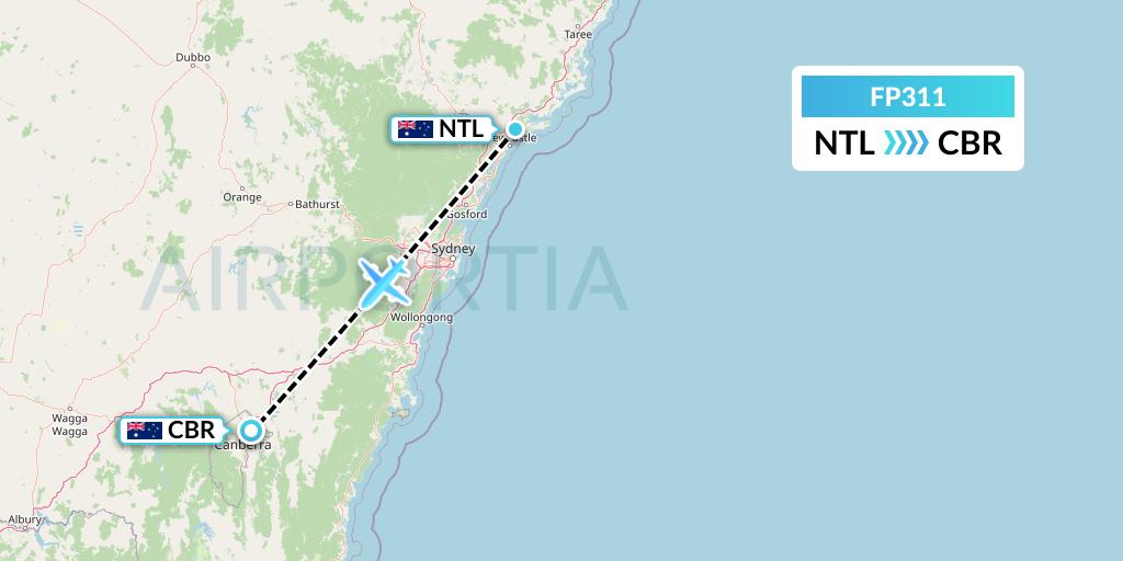 FP311 FlyPelican Flight Map: Newcastle to Canberra
