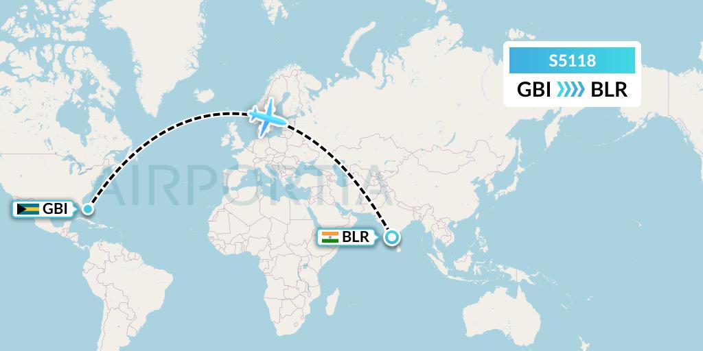 S5118 Star Air Flight Map: Grand Bahama to Bangalore