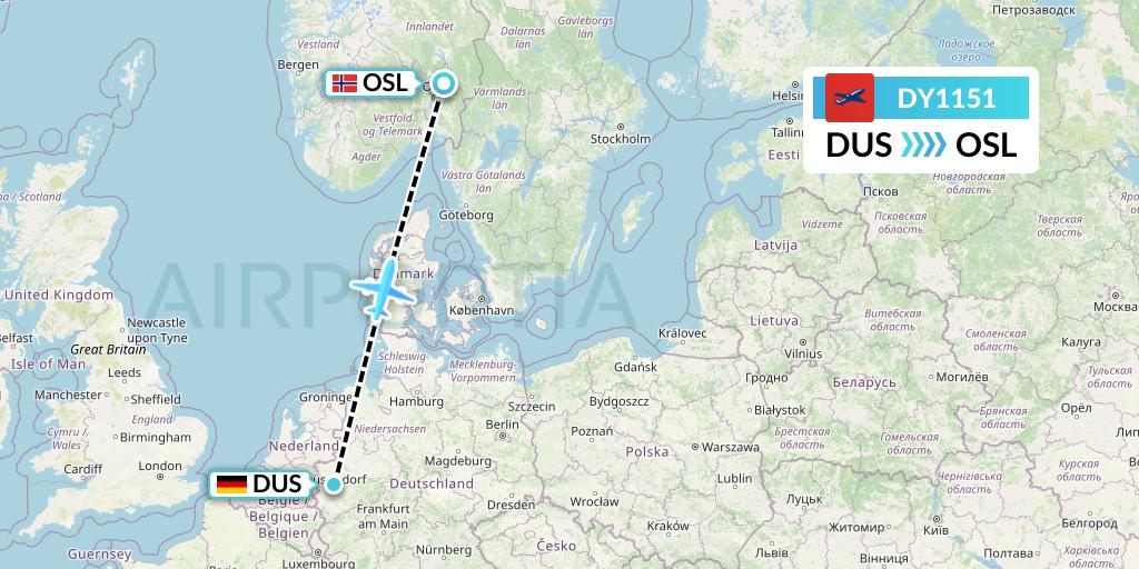 DY1151 Norwegian Flight Map: Dusseldorf to Oslo