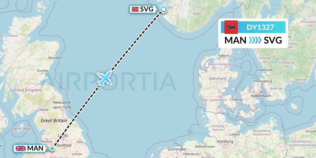DY1327 Norwegian Flight Map: Manchester to Stavanger