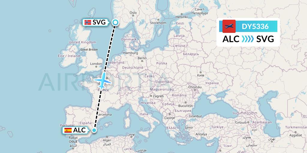 DY5336 Norwegian Flight Map: Alicante to Stavanger