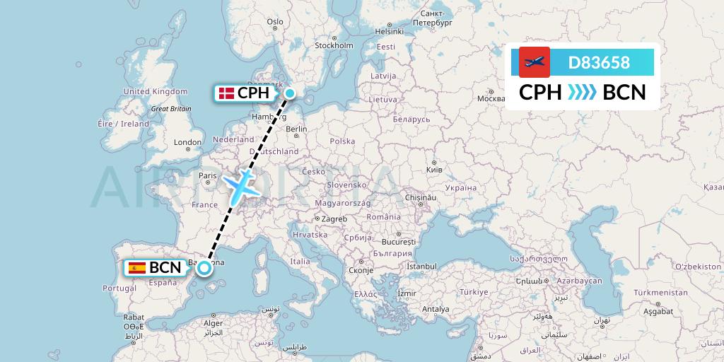 D83658 Norwegian Air International Flight Map: Copenhagen to Barcelona