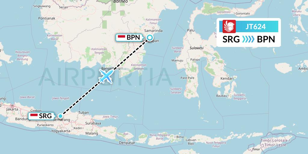 JT624 Lion Airlines Flight Map: Semarang to Balikpapan