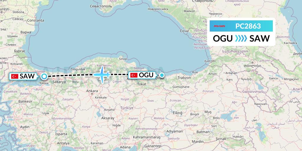 PC2863 Pegasus Airlines Flight Map: Ordu to Istanbul