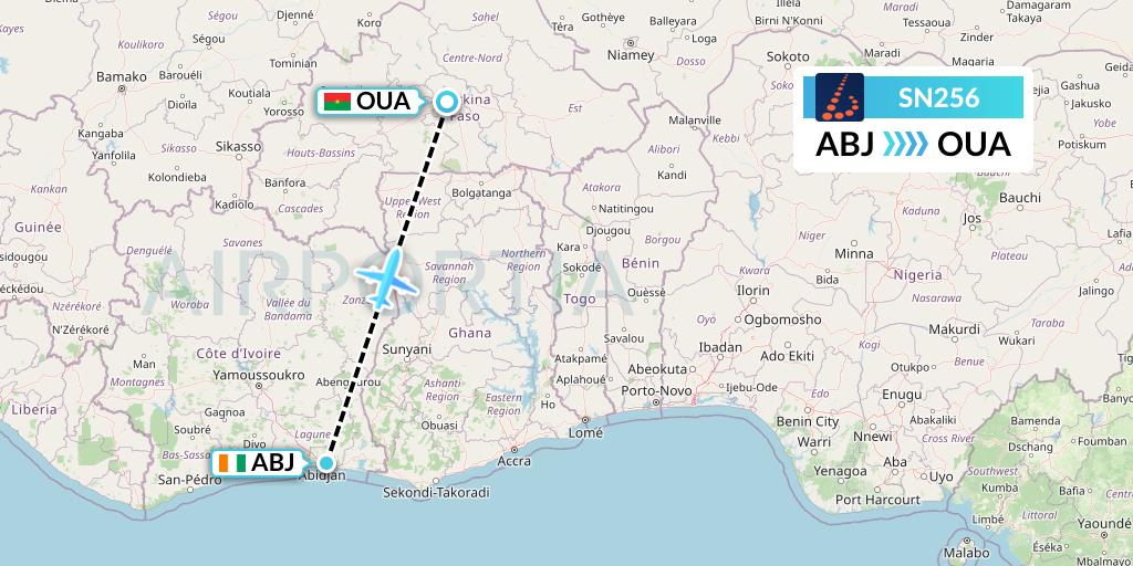 SN256 Brussels Airlines Flight Map: Abidjan to Ouagadougou