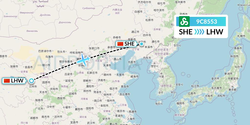 9C8553 Spring Airlines Flight Map: Shenyang to Lanzhou