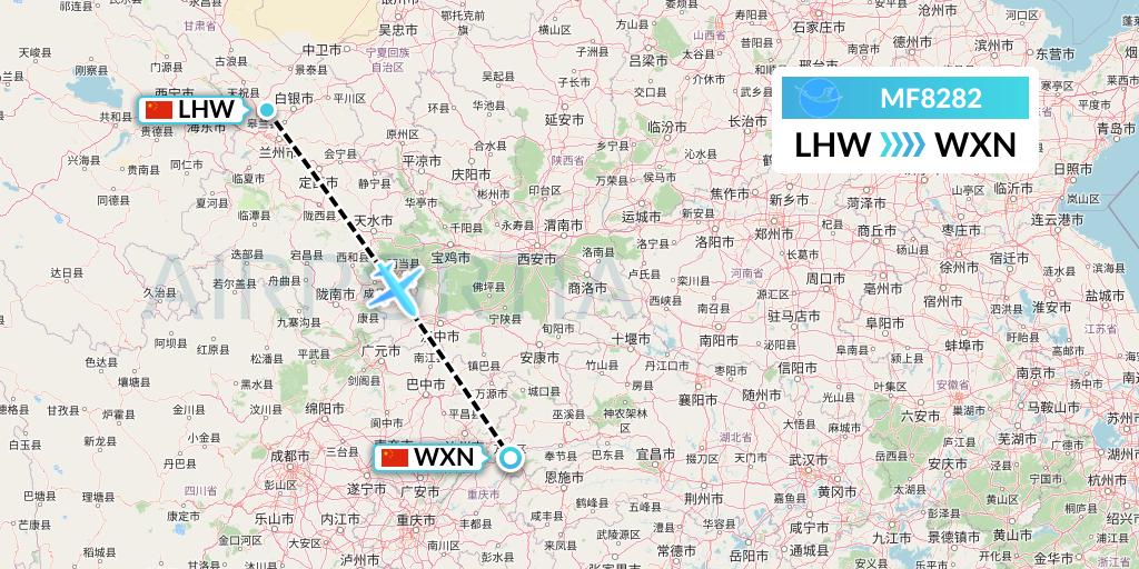 MF8282 Xiamen Airlines Flight Map: Lanzhou to Wanzhou