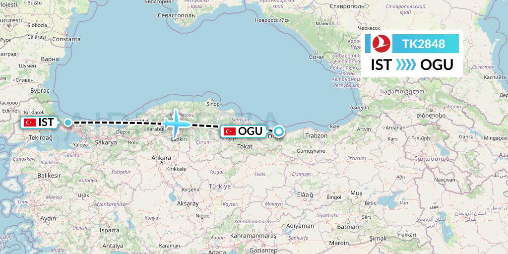 TK2848 Turkish Airlines Flight Map: Istanbul to Ordu