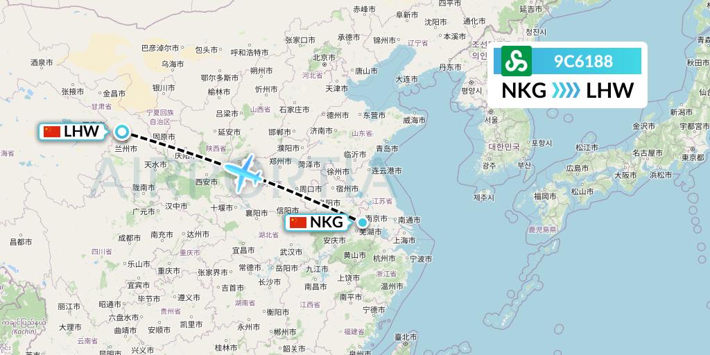 9C6188 Spring Airlines Flight Map: Nanjing to Lanzhou