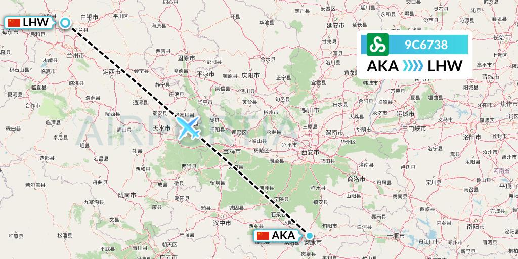 9C6738 Spring Airlines Flight Map: Ankang to Lanzhou