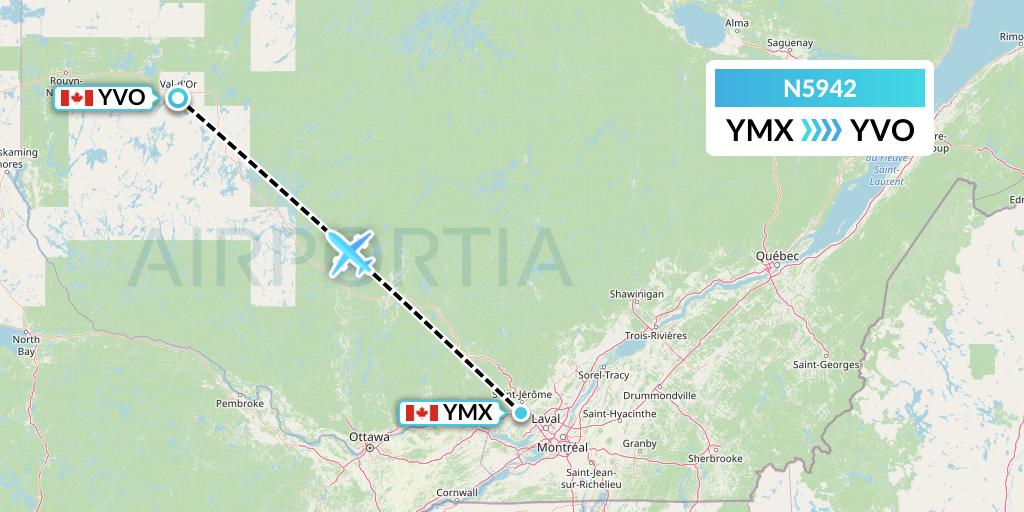 N5942 Nolinor Aviation Flight Map: Montreal to Val-d'Or