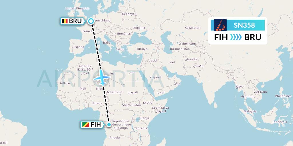 SN358 Brussels Airlines Flight Map: Kinshasa to Brussels