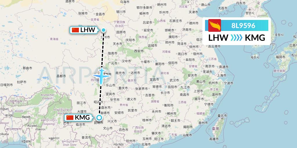 8L9596 Lucky Air Flight Map: Lanzhou to Kunming