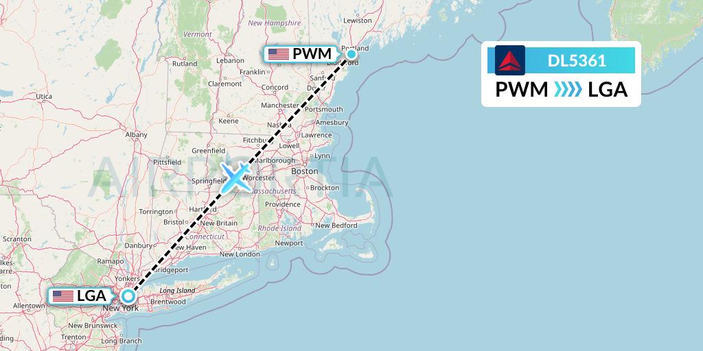 DL5361 Delta Air Lines Flight Map: Portland to New York