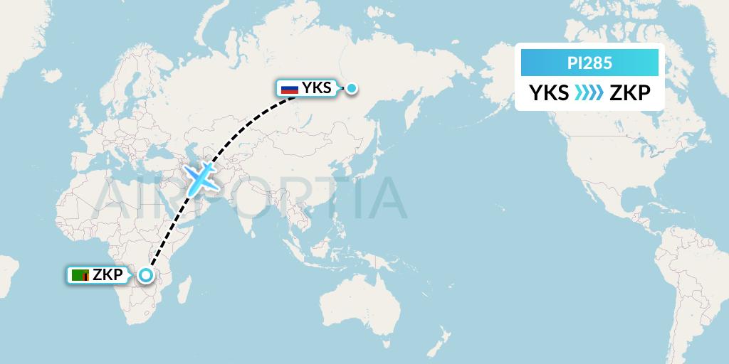 PI285 Polar Airlines Flight Map: Yakutsk to Kasompe