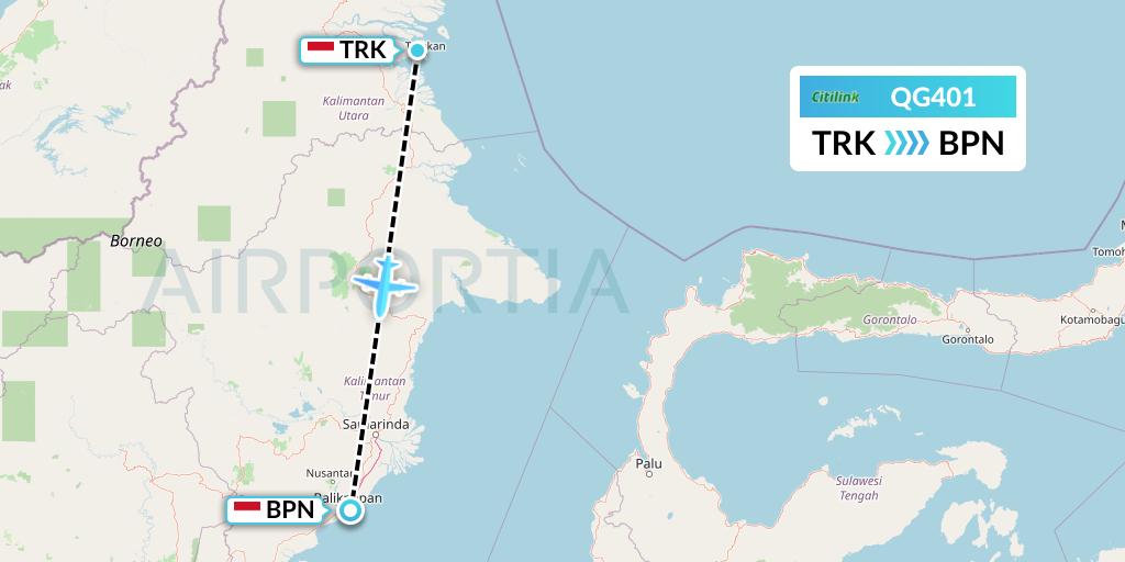 QG401 Citilink Flight Map: Tarakan to Balikpapan