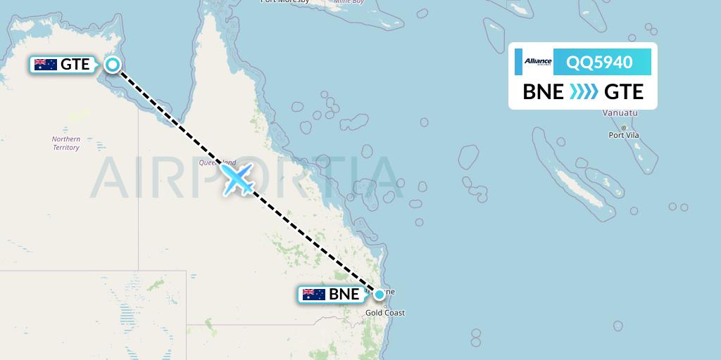 QQ5940 Alliance Airlines Flight Map: Brisbane to Groote Eylandt