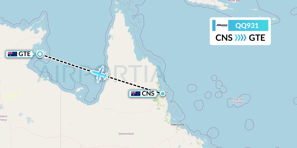 QQ931 Alliance Airlines Flight Map: Cairns to Groote Eylandt