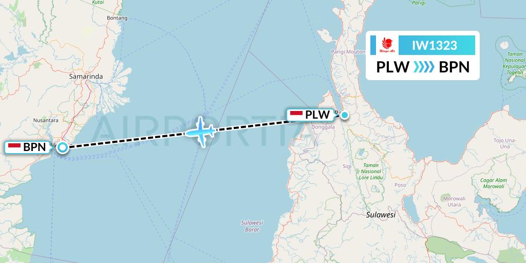IW1323 Wings Air Flight Map: Palu to Balikpapan