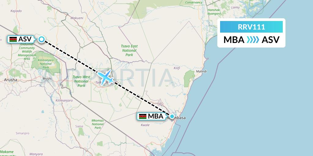 RRV111 Mombasa Air Safari Flight Map: Mombasa to Amboseli National Park