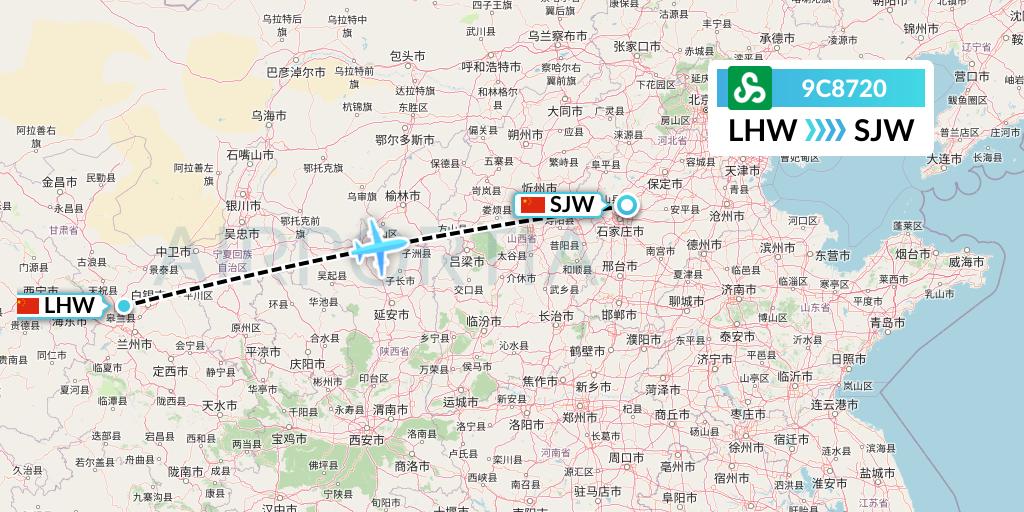 9C8720 Spring Airlines Flight Map: Lanzhou to Shijiazhuang