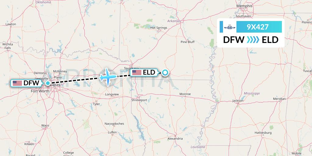 9X427 Southern Airways Express Flight Map: Dallas to El Dorado