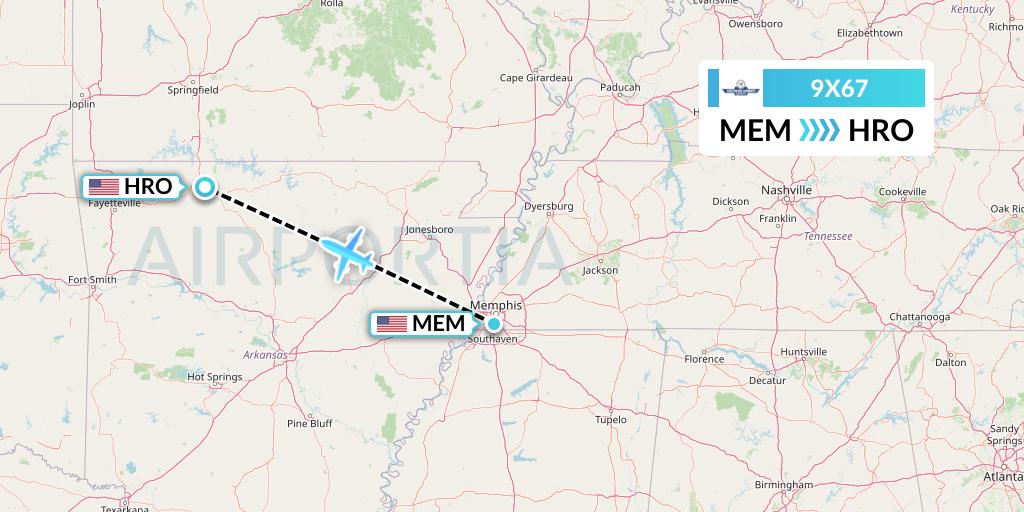 9X67 Southern Airways Express Flight Map: Memphis to Harrison
