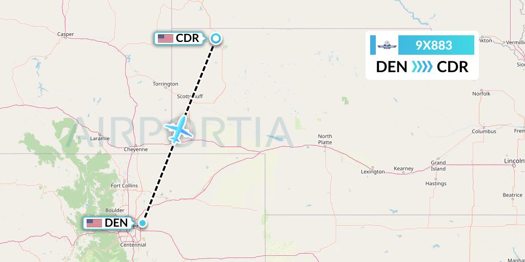 9X883 Southern Airways Express Flight Map: Denver to Chadron