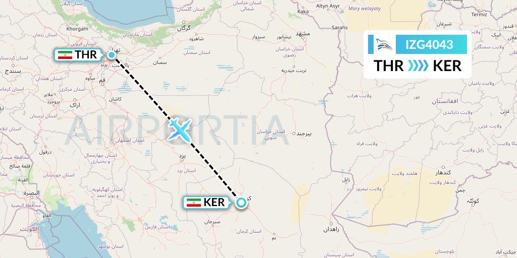 IZG4043 Zagros Airlines Flight Map: Tehran to Kerman
