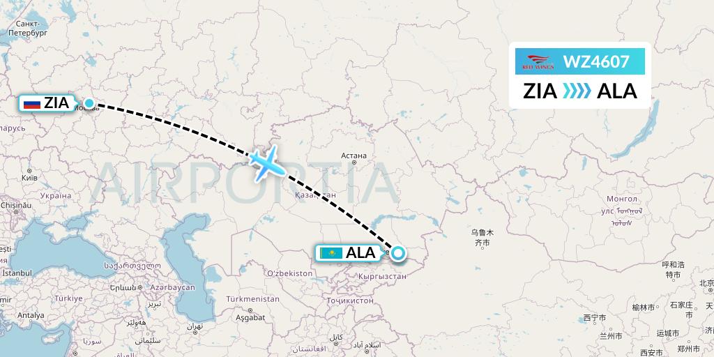 WZ4607 Red Wings Flight Map: Moscow to Almaty