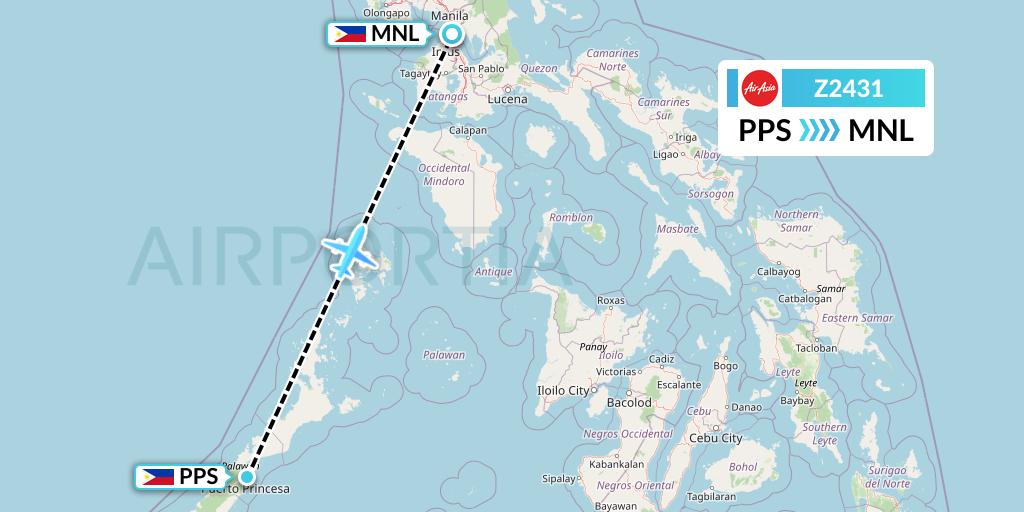 Z2431 Philippines AirAsia Flight Map: Puerto Princesa City to Manila