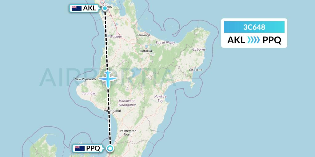 3C648 Air Chathams Flight Map: Auckland to Paraparaumu