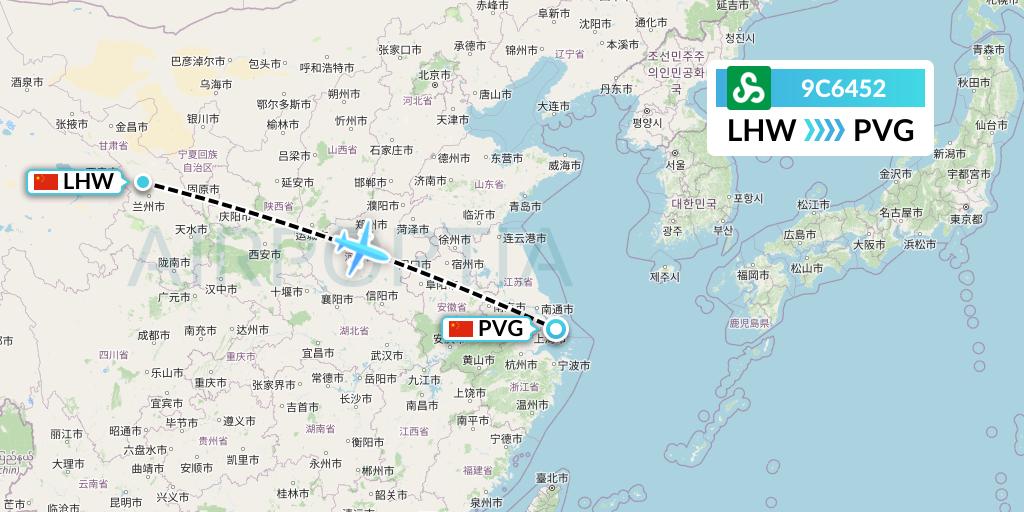 9C6452 Spring Airlines Flight Map: Lanzhou to Shanghai