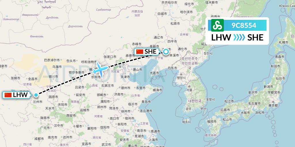 9C8554 Spring Airlines Flight Map: Lanzhou to Shenyang