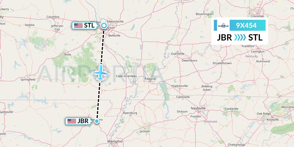 9X454 Southern Airways Express Flight Map: Jonesboro to St. Louis