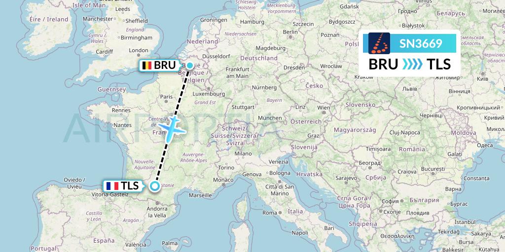 SN3669 Brussels Airlines Flight Map: Brussels to Toulouse