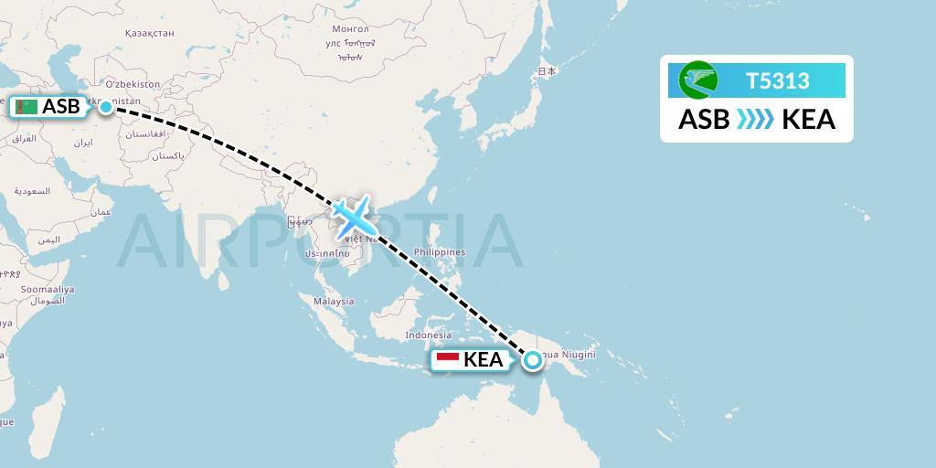 T5313 Turkmenistan Airlines Flight Map: Ashgabat to Keisah-Papua Island