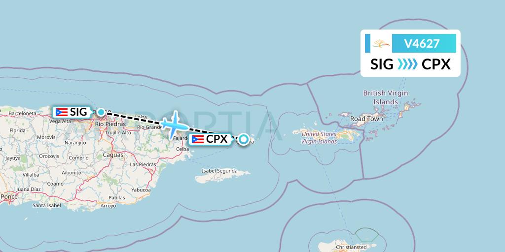 V4627 Vieques Air Link Flight Map: San Juan to Isla De Culebra