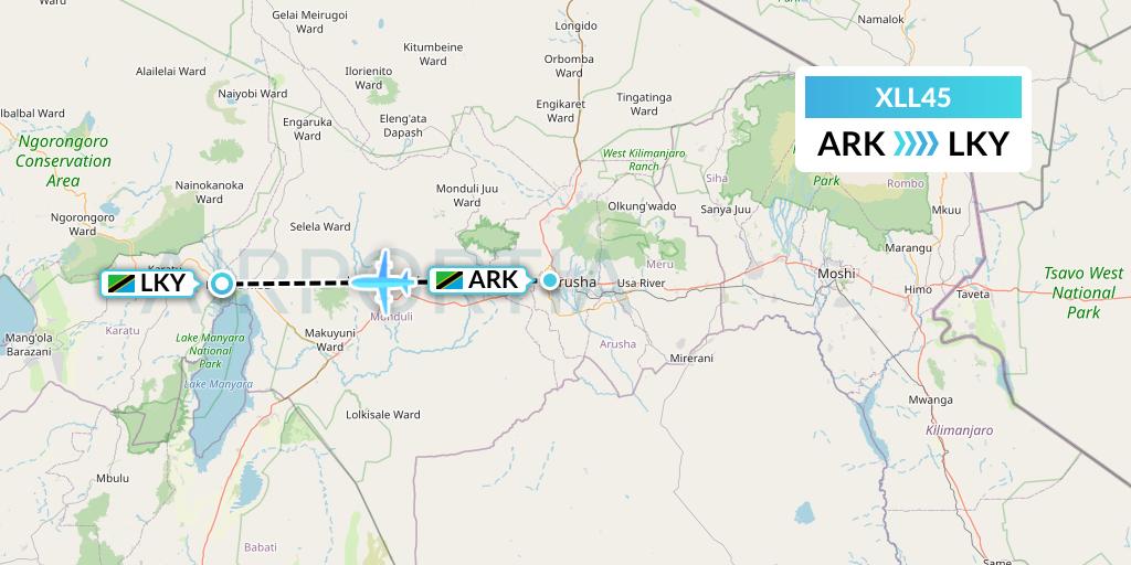 XLL45 Air Excel Flight Map: Arusha to Lake Manyara National Park