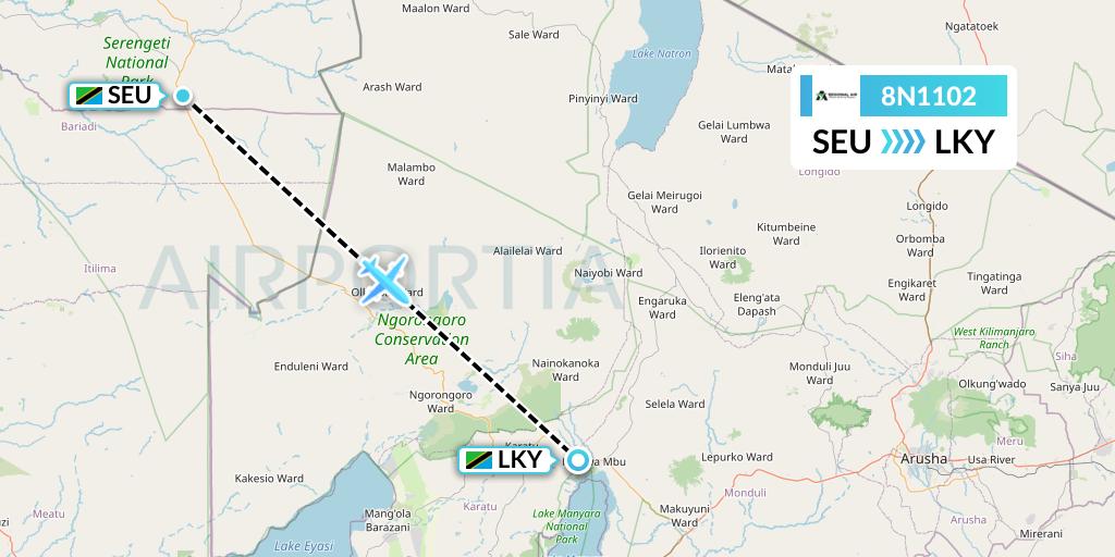 8N1102 Regional Air Services Flight Map: Seronera to Lake Manyara National Park