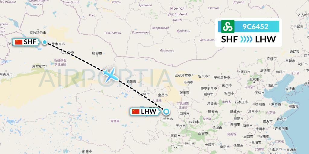 9C6452 Spring Airlines Flight Map: Shihezi to Lanzhou