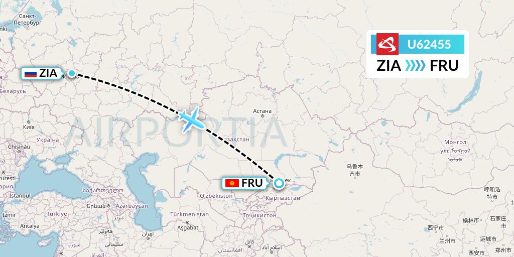 U62455 Ural Airlines Flight Map: Moscow to Bishkek