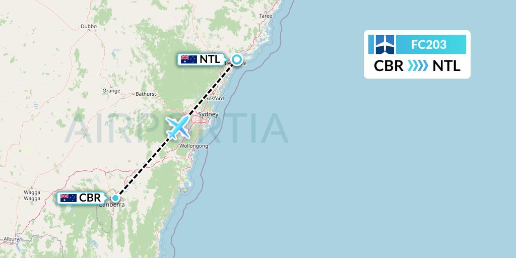 FC203 Fly Corporate Flight Map: Canberra to Newcastle
