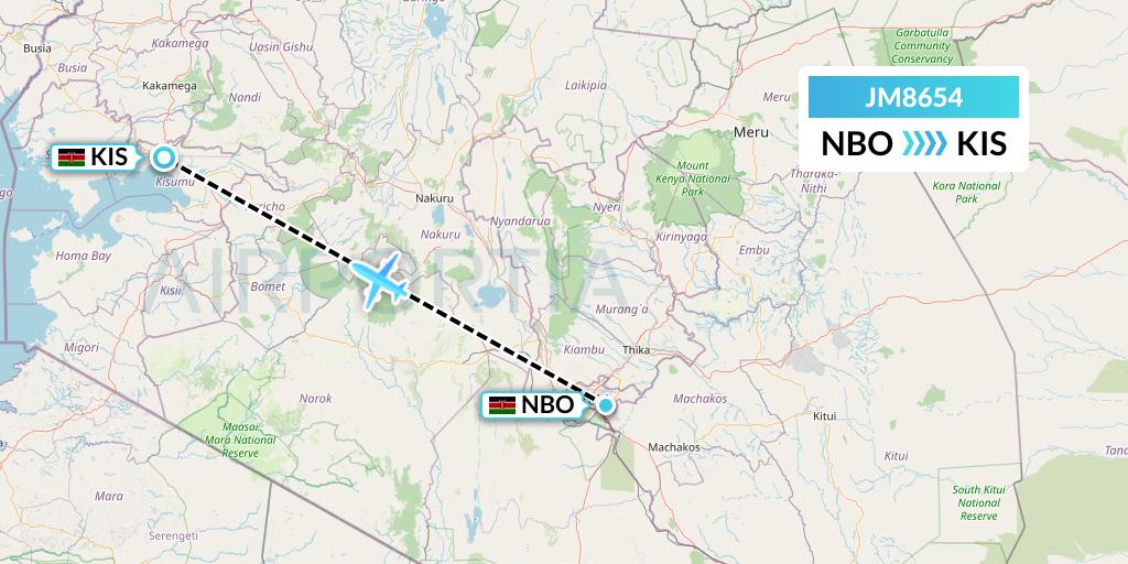 JM8654 Jambojet Limited Flight Map: Nairobi to Kisumu