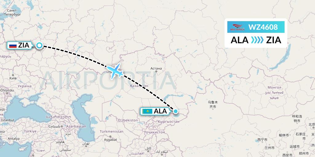 WZ4608 Red Wings Flight Map: Almaty to Moscow