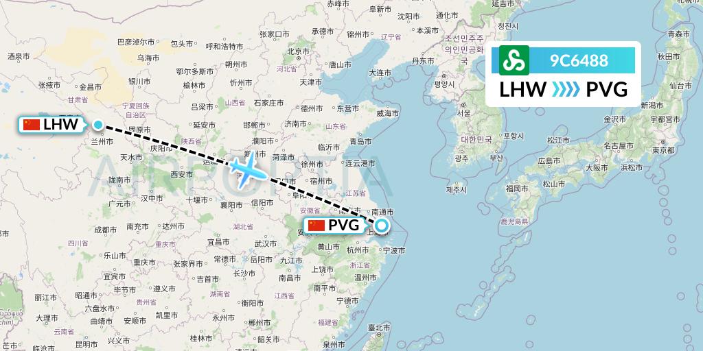 9C6488 Spring Airlines Flight Map: Lanzhou to Shanghai