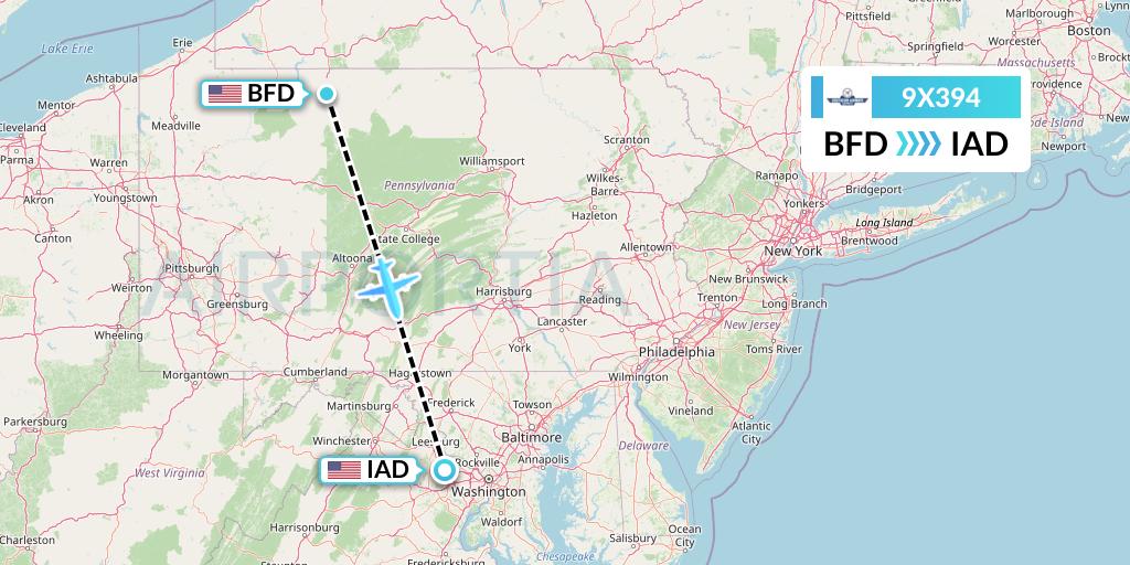 9X394 Southern Airways Express Flight Map: Bradford to Washington