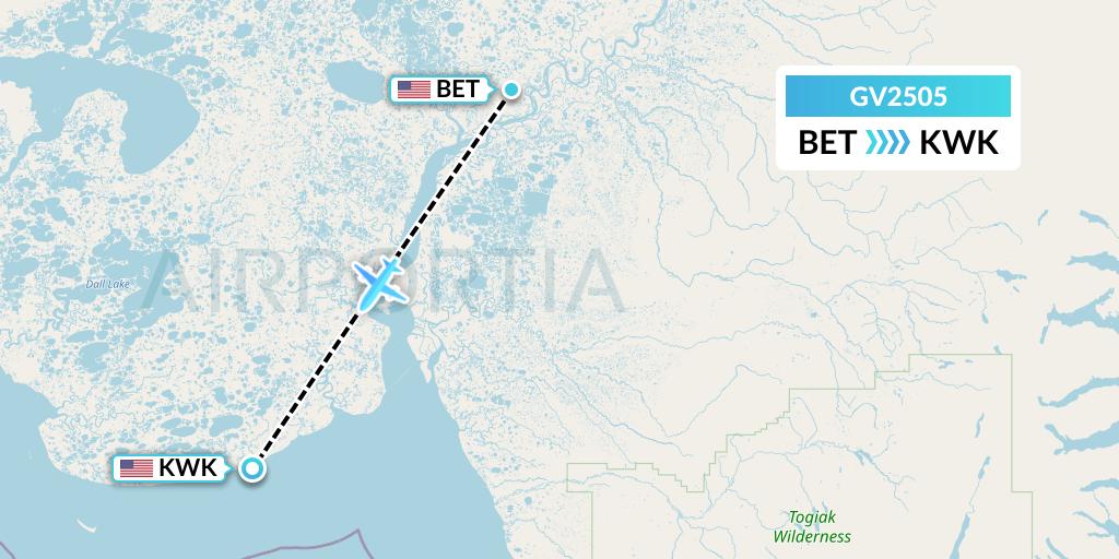 GV2505 Grant Aviation Flight Map: Bethel to Kwigillingok