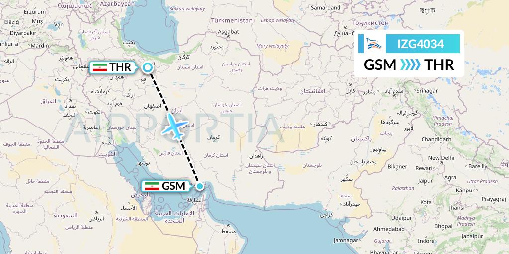IZG4034 Zagros Airlines Flight Map: Qeshm Island to Tehran